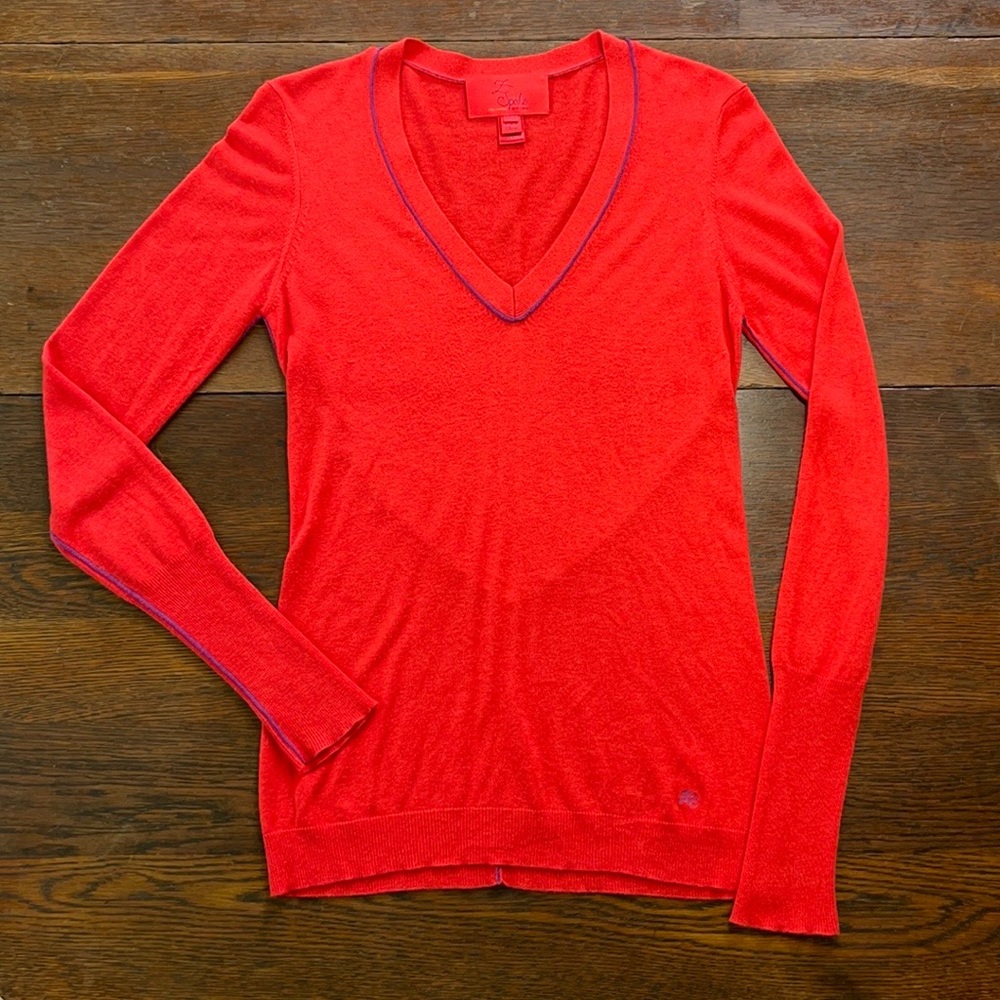 Z Spoke by Zac Posen sweater. Red-orange with purple piping detail.